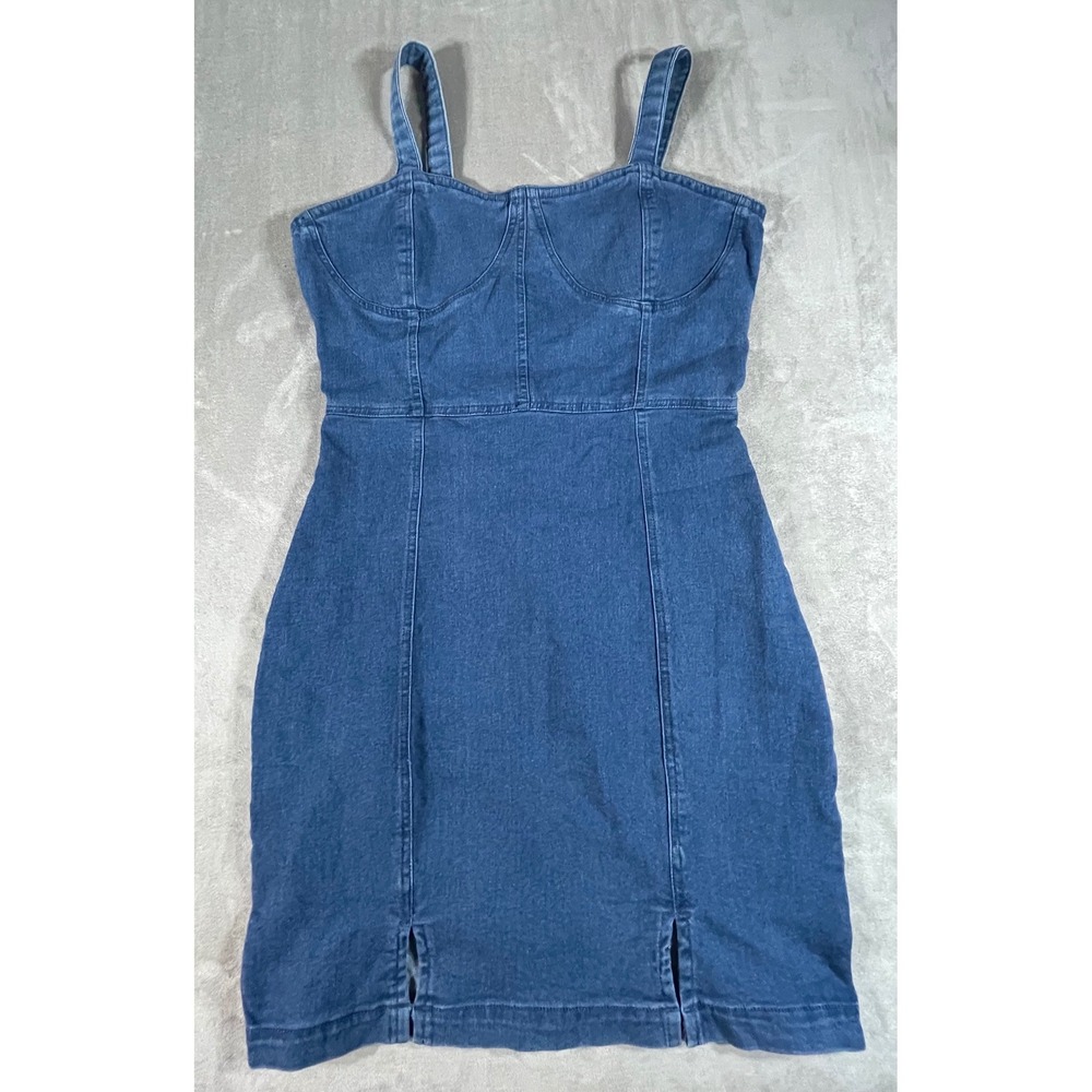 Derek Heart Denim Dress Womens Large Blue Bustier Mini Front Slits Y2K body on